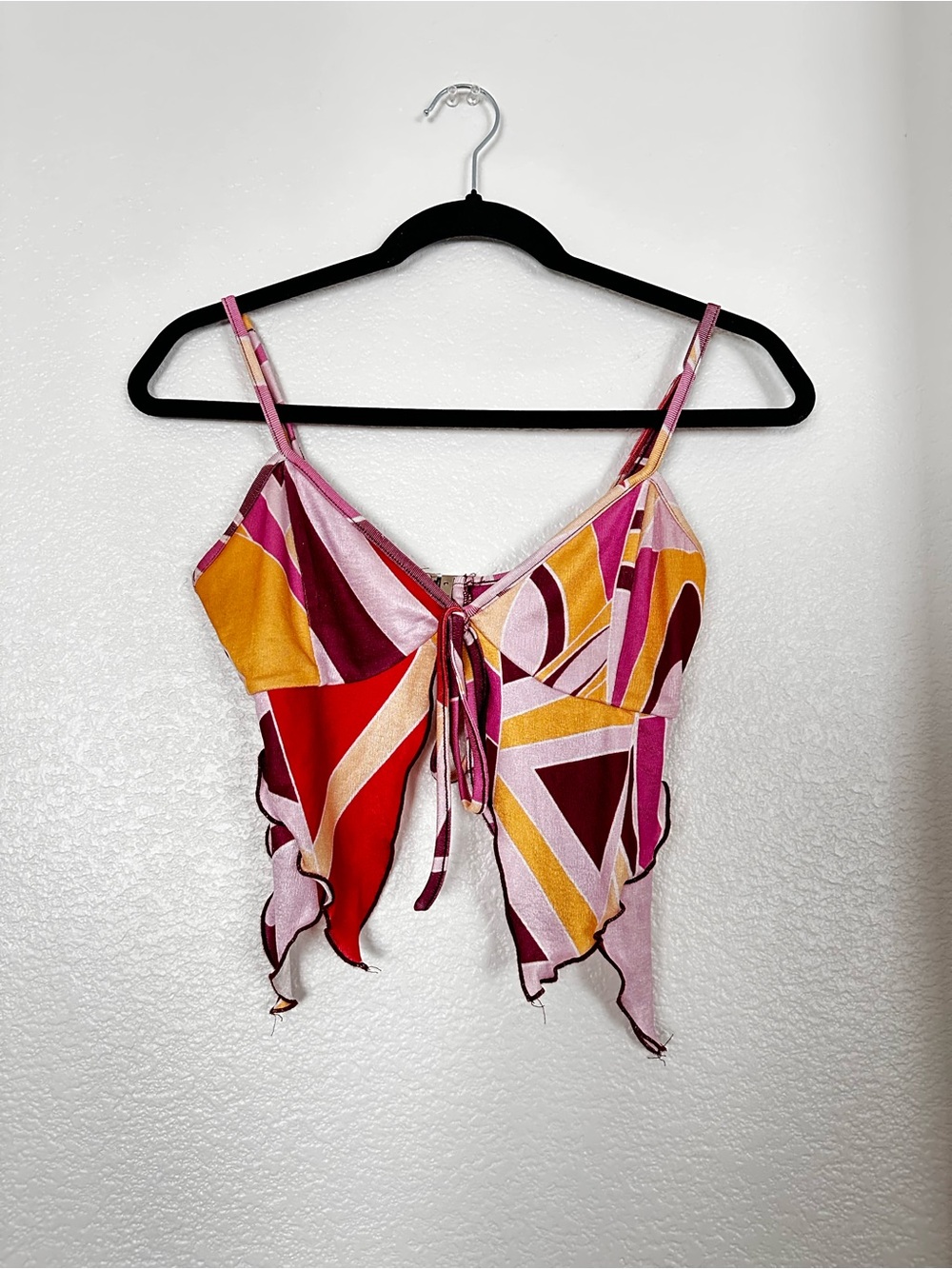 Tiger Mist Pink, Red & Mustard Geometric Tie-Front Crop Cami